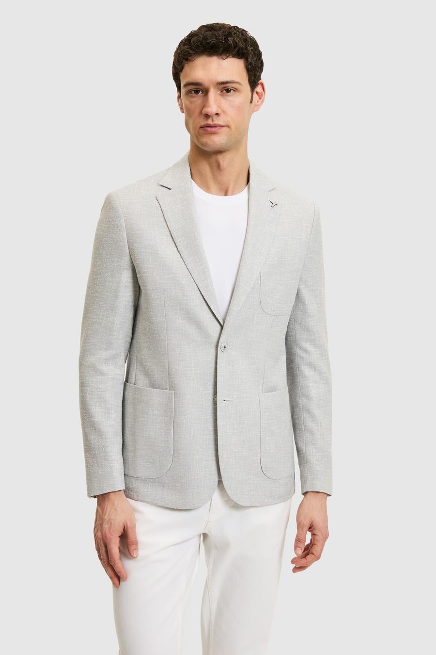 Açık Gri Slim Fit Yün Keten Karışımlı Ceket - 50284564008