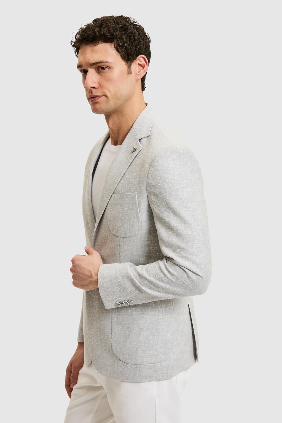 Açık Gri Slim Fit Yün Keten Karışımlı Ceket - 50284564008
