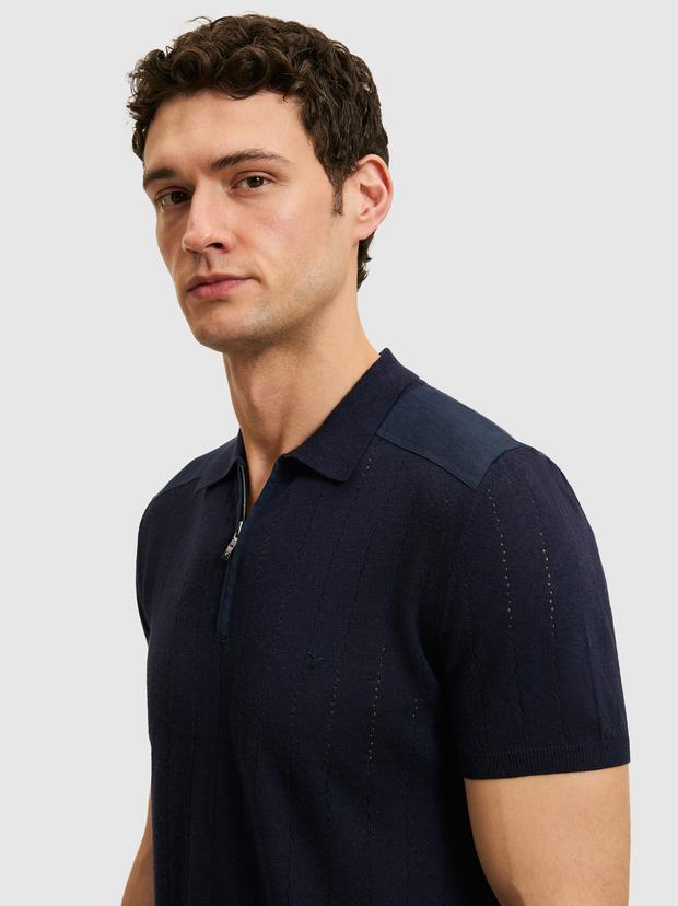 Lacivert Slim Fit Keten Karışımlı Polo Yaka Triko T-Shirt