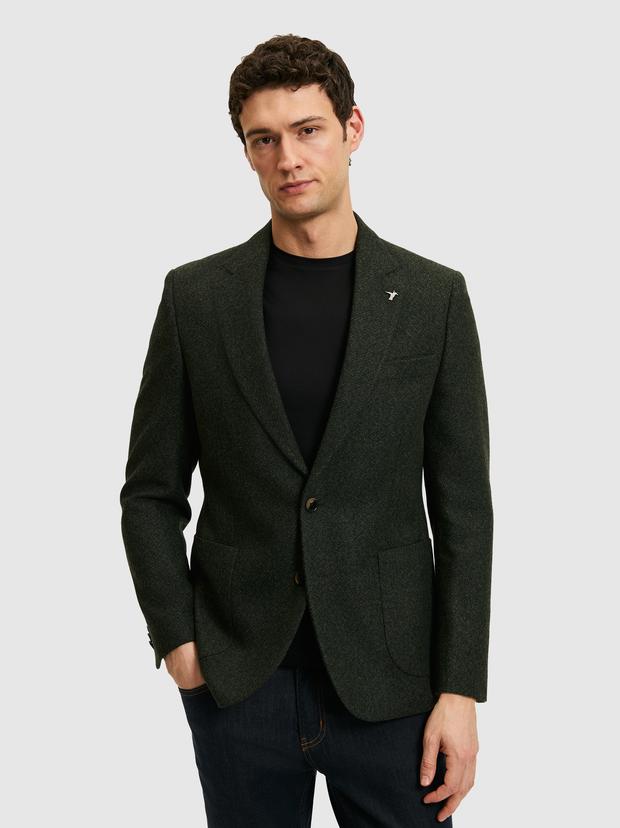 Koyu Yeşil Slim Fit Yün Karışımlı Flanel Ceket