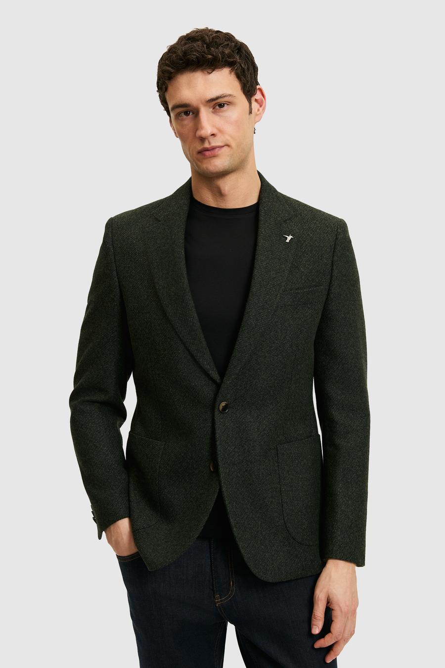 Koyu Yeşil Slim Fit Yün Karışımlı Flanel Ceket - 50290532052