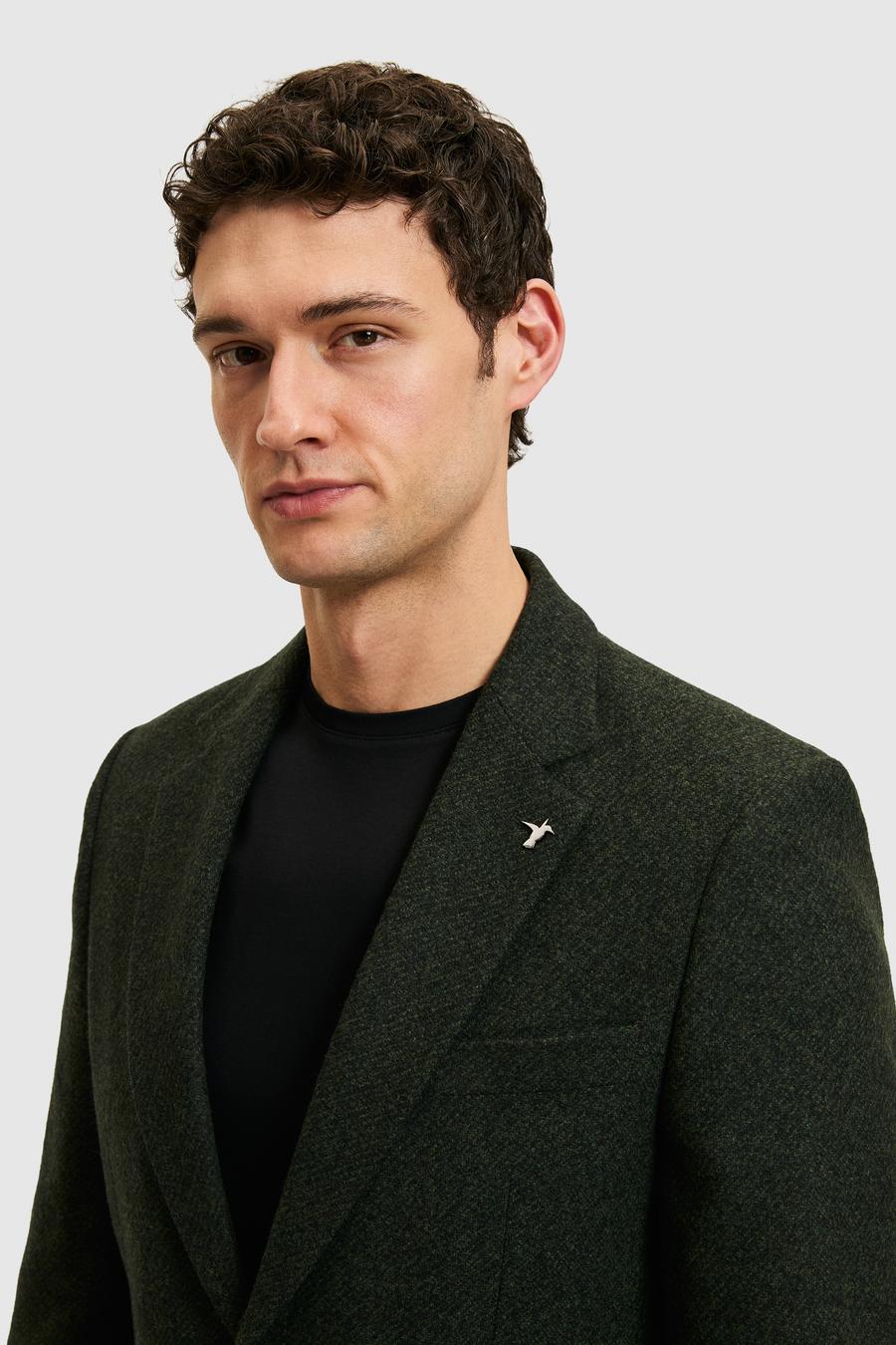 Koyu Yeşil Slim Fit Yün Karışımlı Flanel Ceket - 50290532052