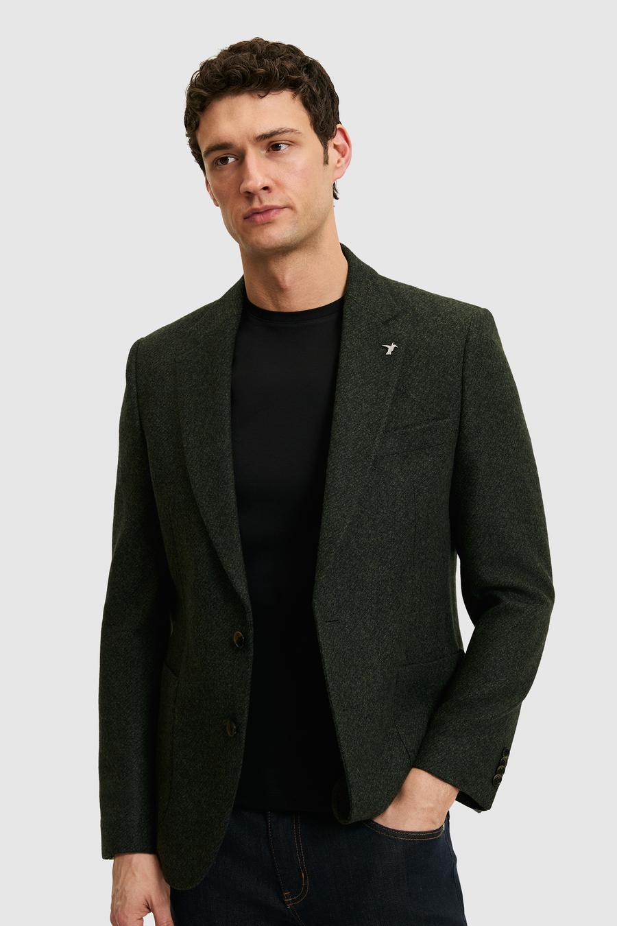 Koyu Yeşil Slim Fit Yün Karışımlı Flanel Ceket - 50290532052