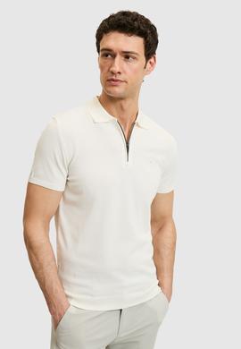 Beyaz Slim Fit Fermuarlı Polo Yaka Triko T-shirt