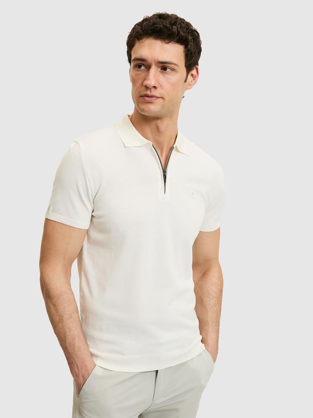 Beyaz Slim Fit Fermuarlı Polo Yaka Triko T-shirt