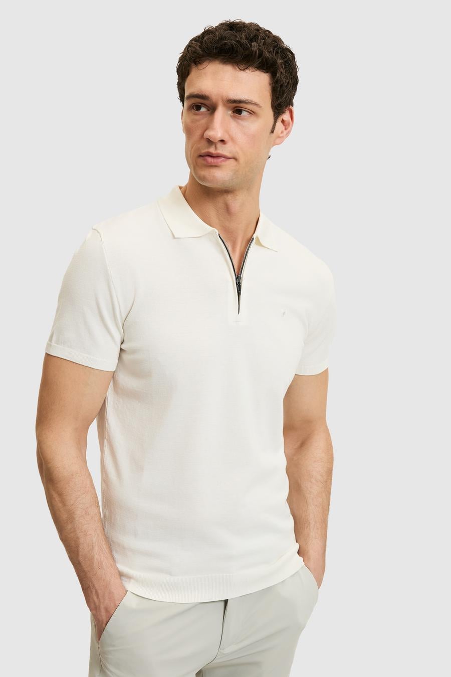 Beyaz Slim Fit Fermuarlı Polo Yaka Triko T-shirt - 50309881013