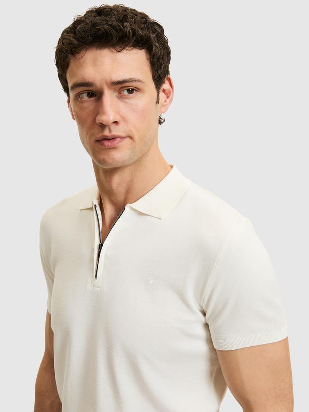 Beyaz Slim Fit Fermuarlı Polo Yaka Triko T-shirt
