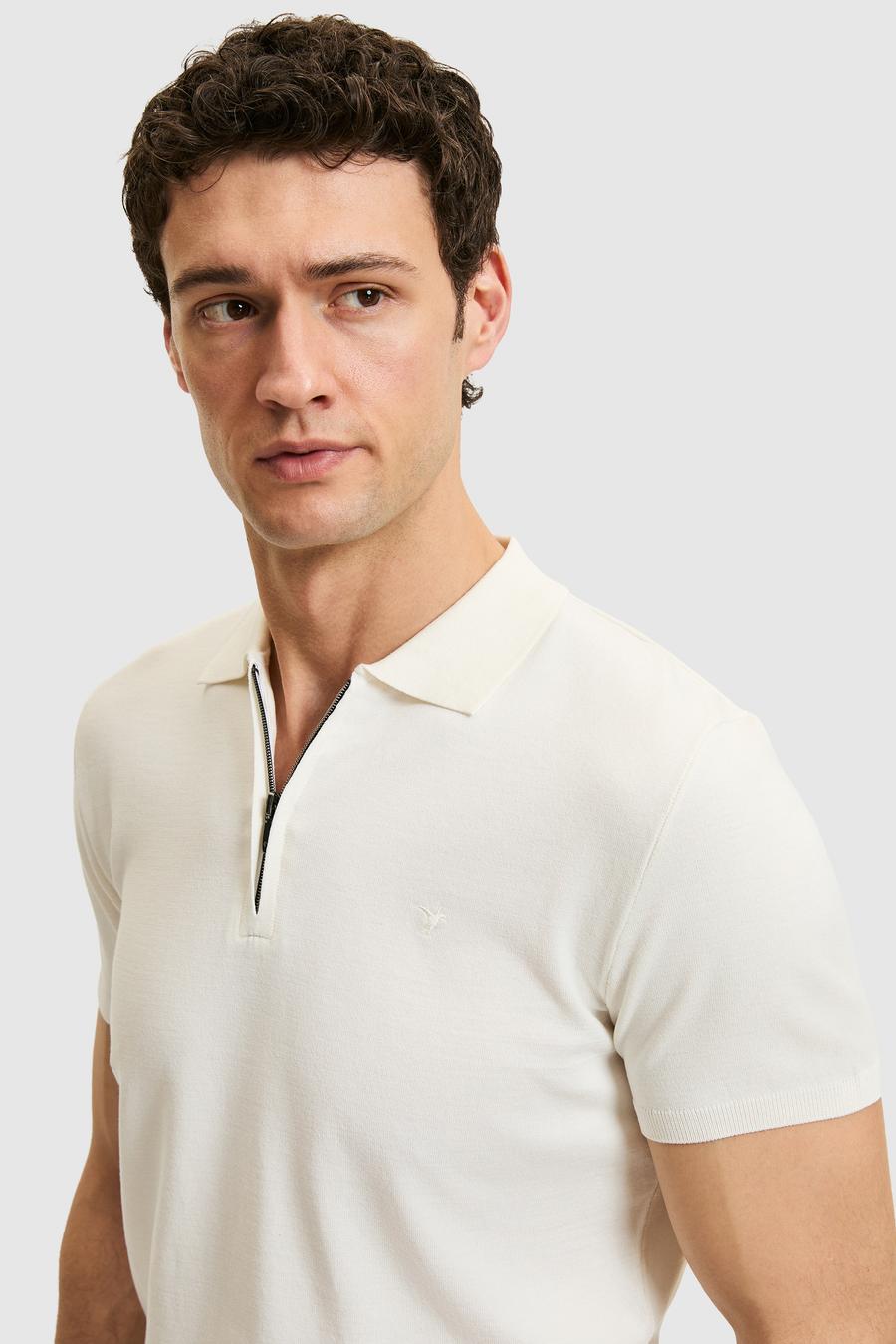 Beyaz Slim Fit Fermuarlı Polo Yaka Triko T-shirt - 50309881013