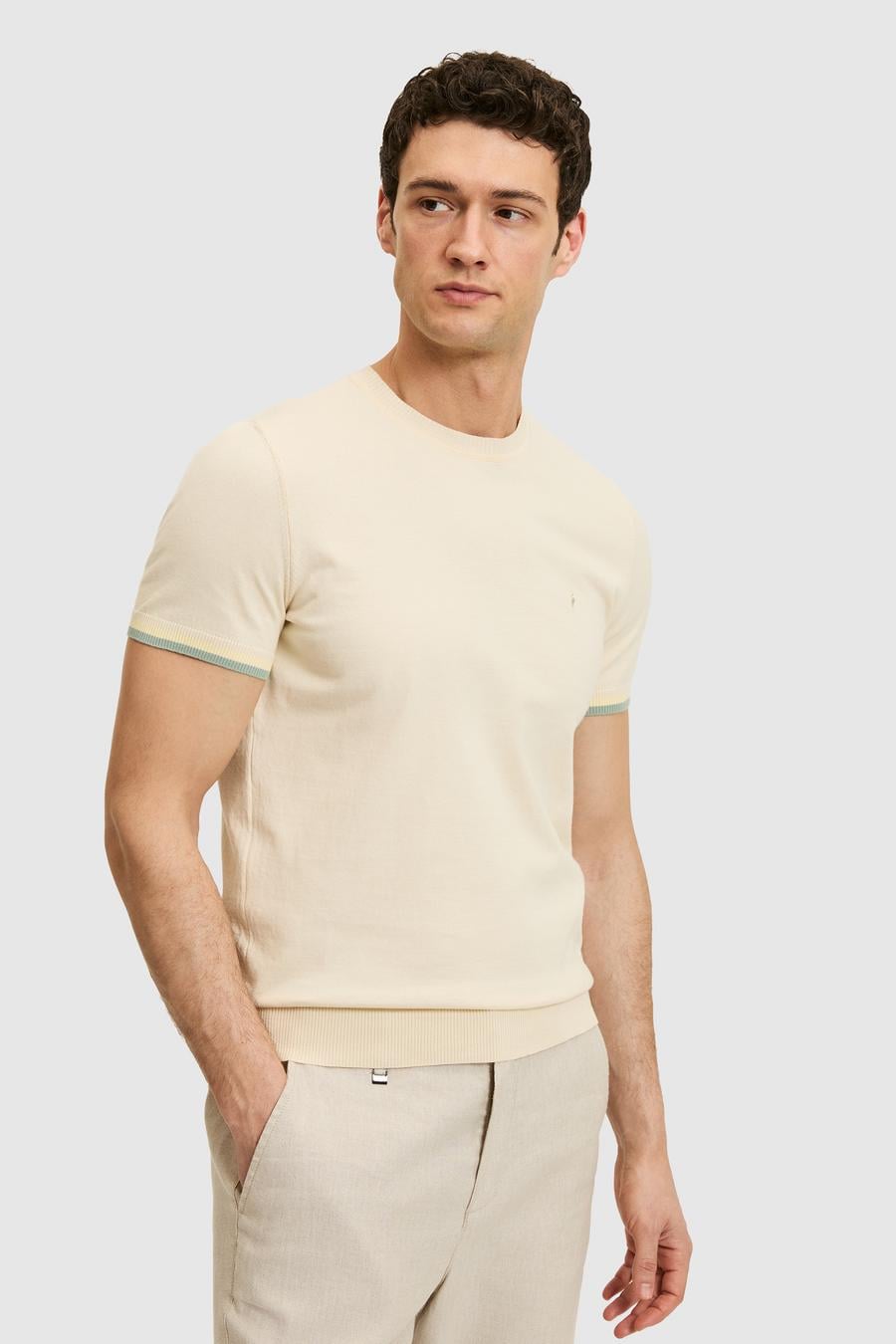 Ekru Slim Fit %100 Pamuk Bisiklet Yaka Triko T-shirt - 50300809011