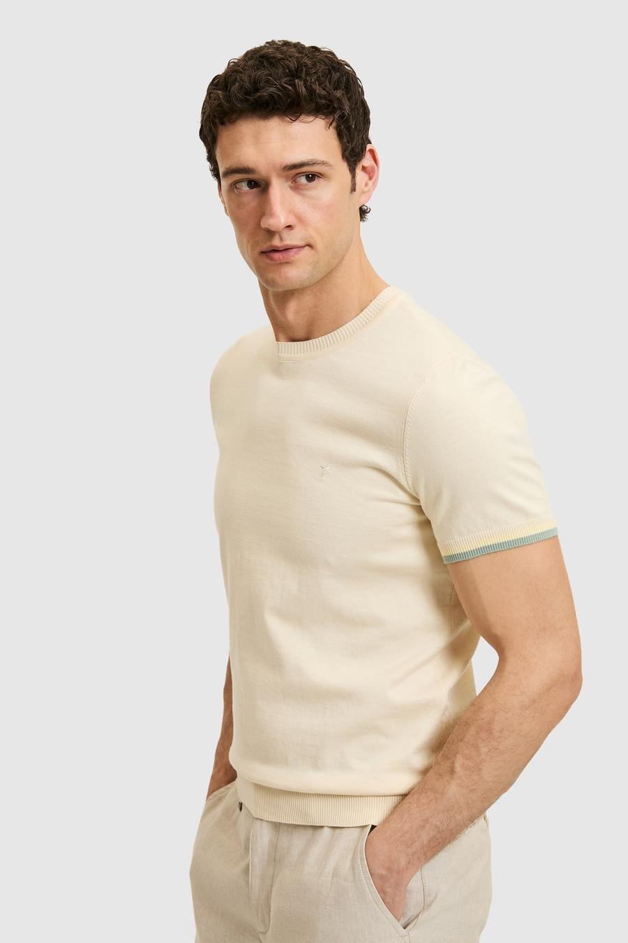 Ekru Slim Fit %100 Pamuk Bisiklet Yaka Triko T-shirt - 50300809011