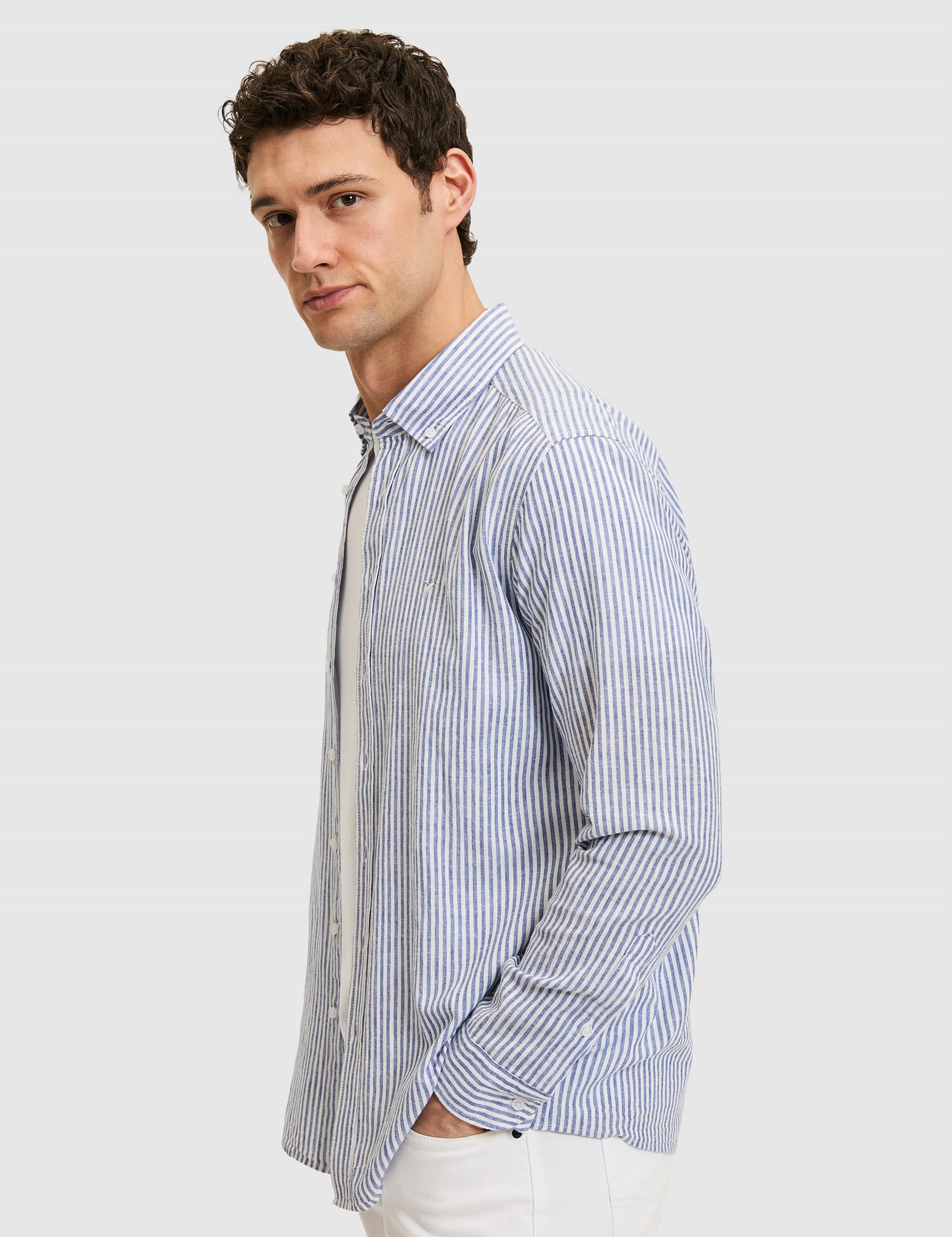 Lacivert Regular Fit Keten Karışımlı Yakası Düğmeli Çizgili Gömlek - 50319145018