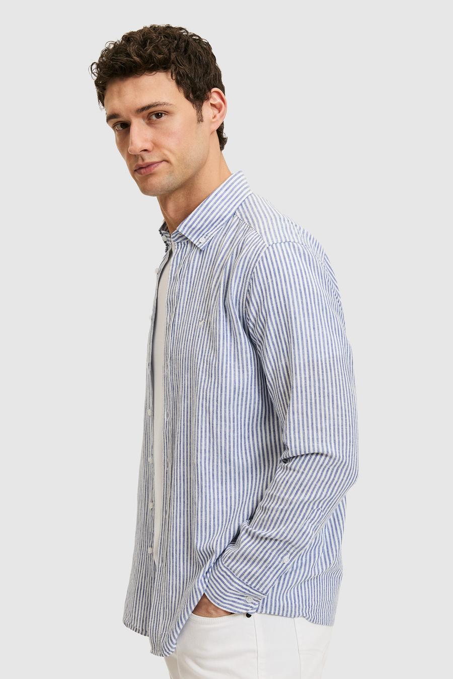 Lacivert Regular Fit Keten Karışımlı Yakası Düğmeli Çizgili Gömlek - 50319145018