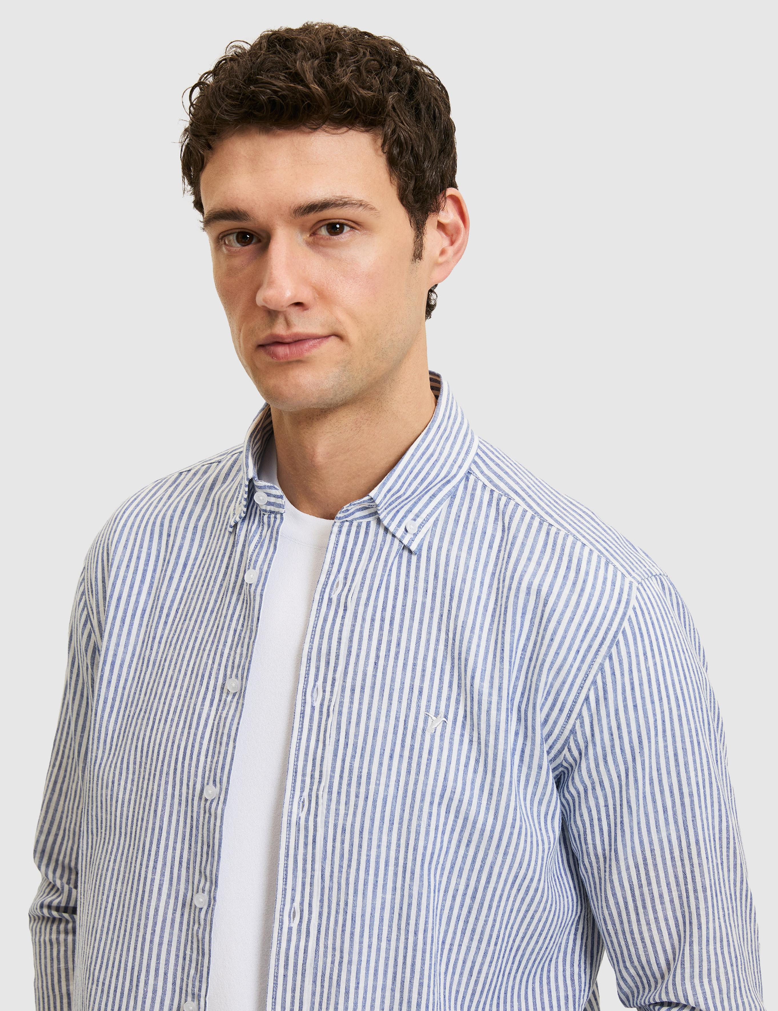 Lacivert Regular Fit Keten Karışımlı Yakası Düğmeli Çizgili Gömlek - 50319145018