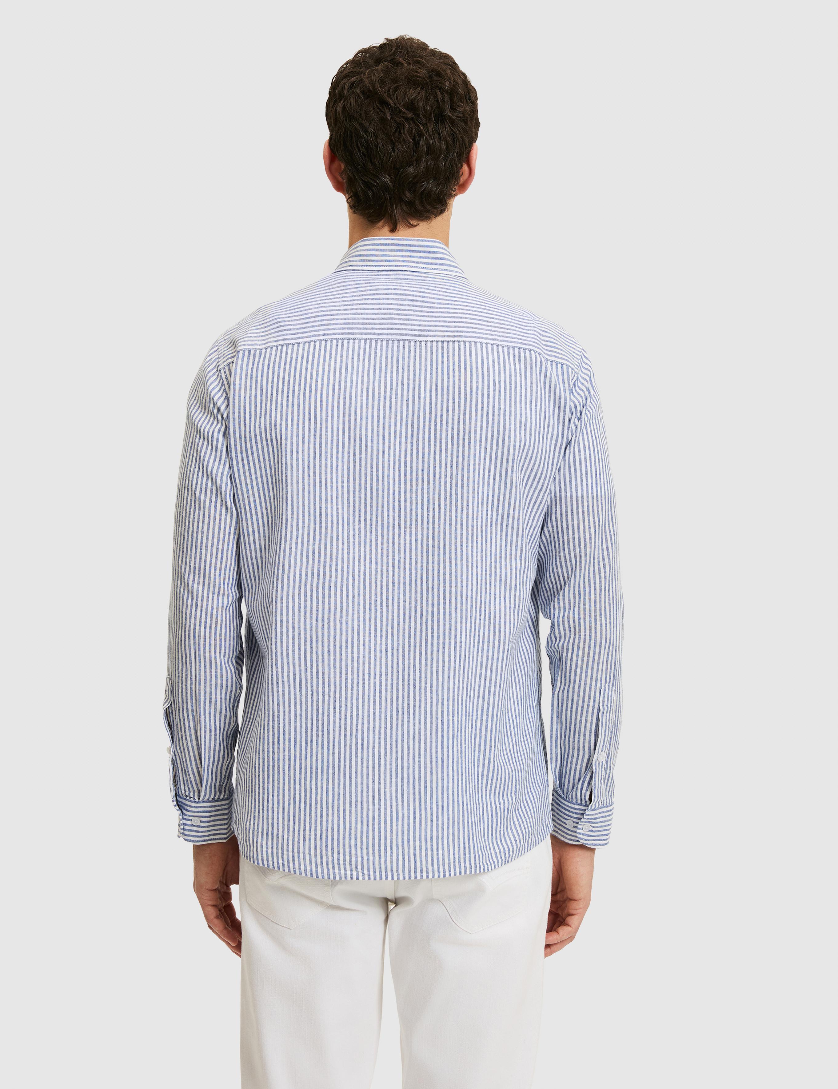 Lacivert Regular Fit Keten Karışımlı Yakası Düğmeli Çizgili Gömlek - 50319145018