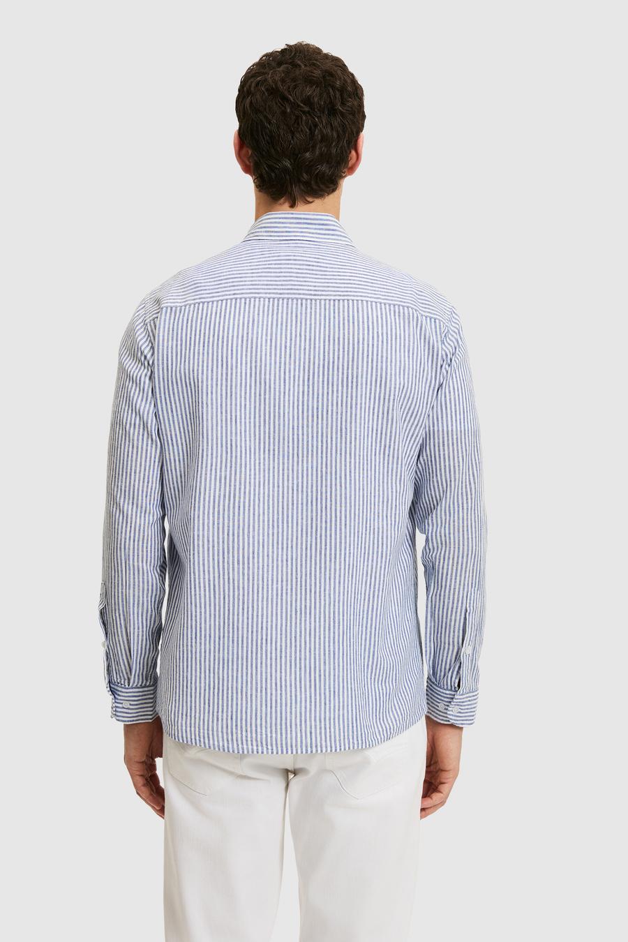 Lacivert Regular Fit Keten Karışımlı Yakası Düğmeli Çizgili Gömlek - 50319145018