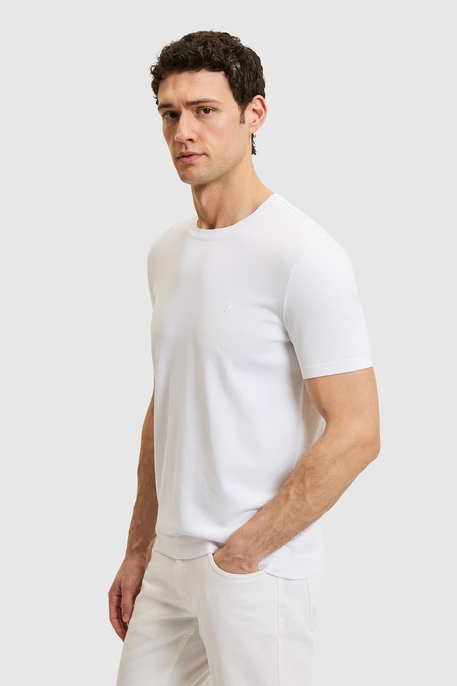 Beyaz Slim Fit Bisiklet Yaka Triko T-shirt - 50323863001