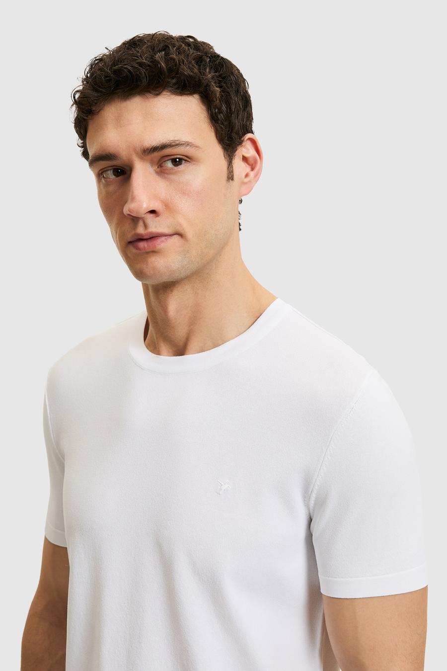 Beyaz Slim Fit Bisiklet Yaka Triko T-shirt - 50323863001