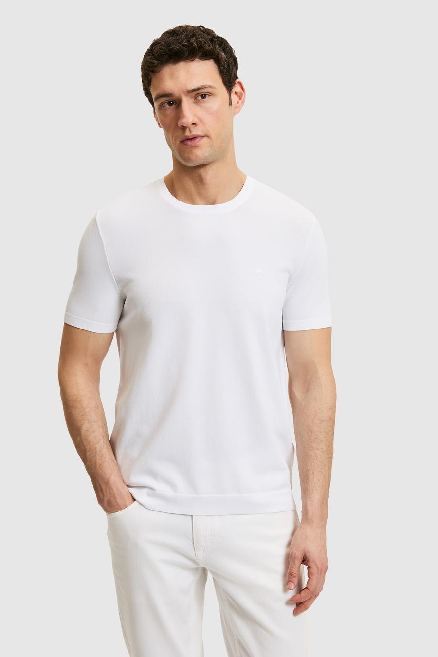 Beyaz Slim Fit Bisiklet Yaka Triko T-shirt - 50323863001