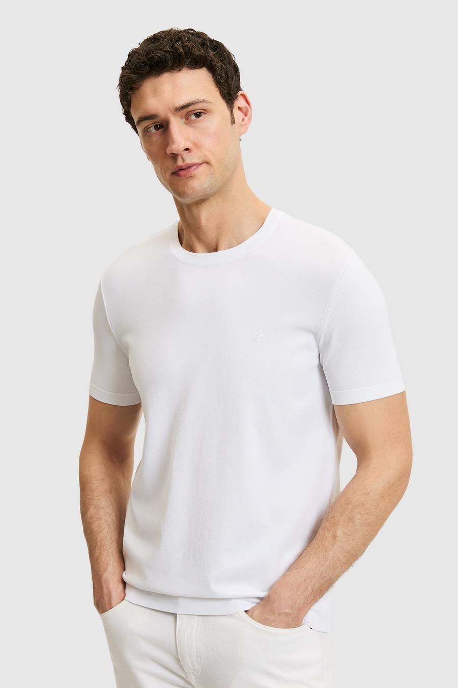 Beyaz Slim Fit Bisiklet Yaka Triko T-shirt - 50323863001