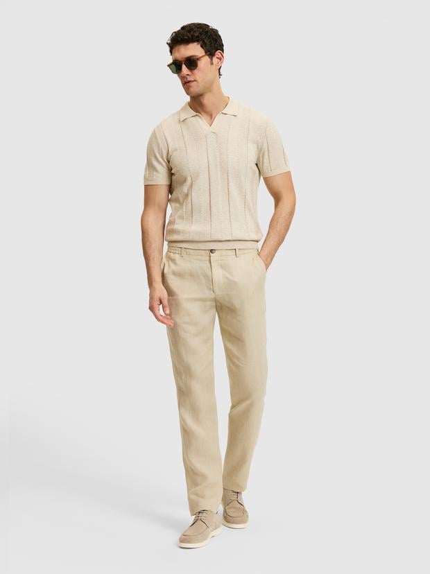 Bej Slim Fit Beli Lastikli %100 Keten Pantolon