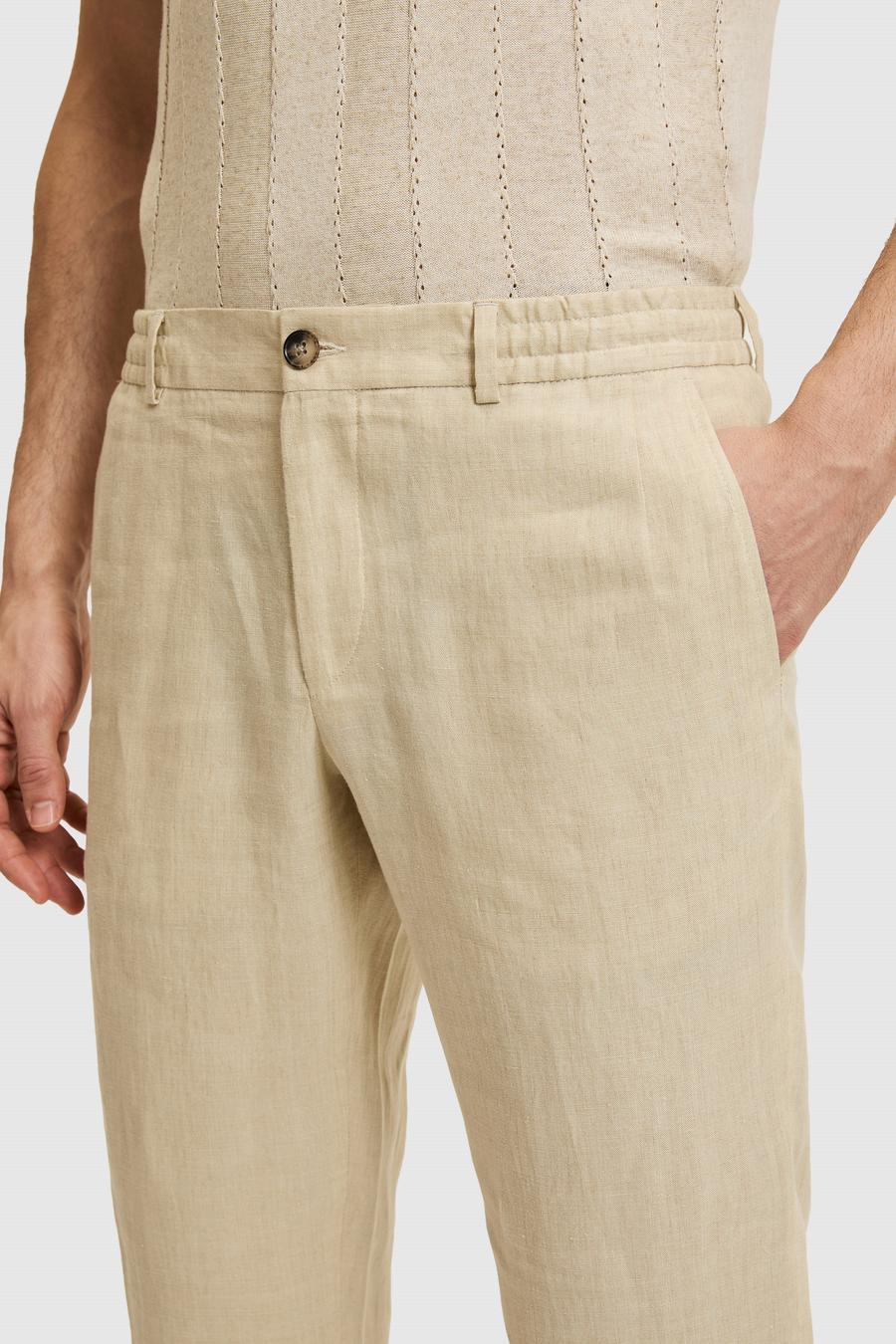 Bej Slim Fit Beli Lastikli %100 Keten Pantolon - 50327868007