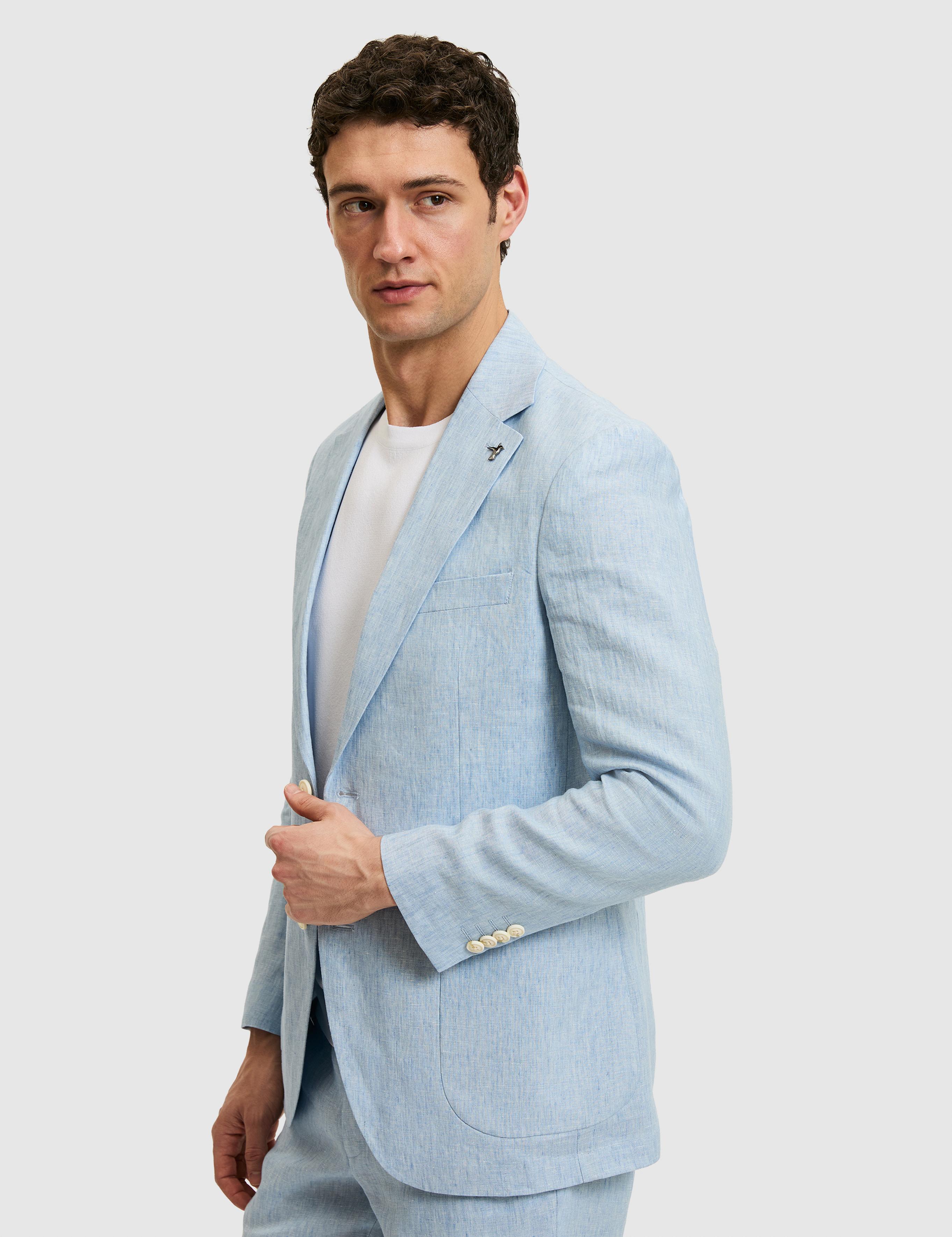 Açık Mavi Slim Fit %100 Keten Mikro Desen Mono Yaka Ceket - 50324476038