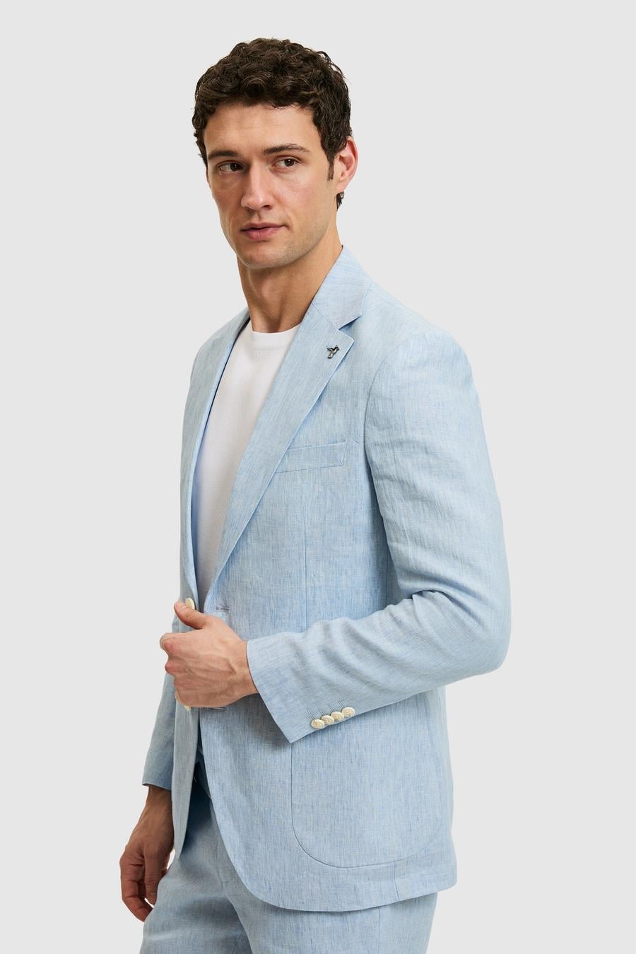 Açık Mavi Slim Fit %100 Keten Mikro Desen Mono Yaka Ceket - 50324476038
