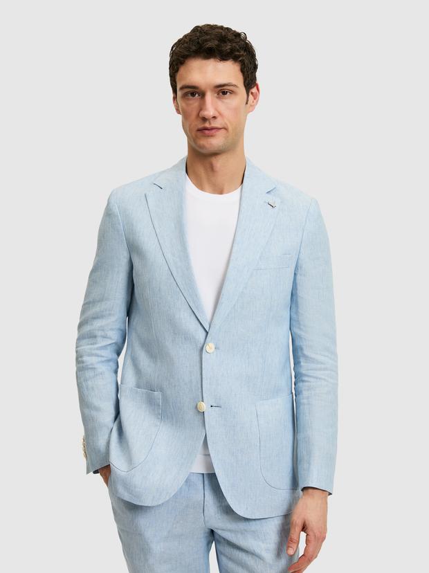 Açık Mavi Slim Fit %100 Keten Mikro Desen Mono Yaka Ceket