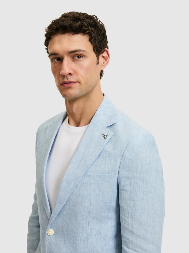 Açık Mavi Slim Fit %100 Keten Mikro Desen Mono Yaka Ceket