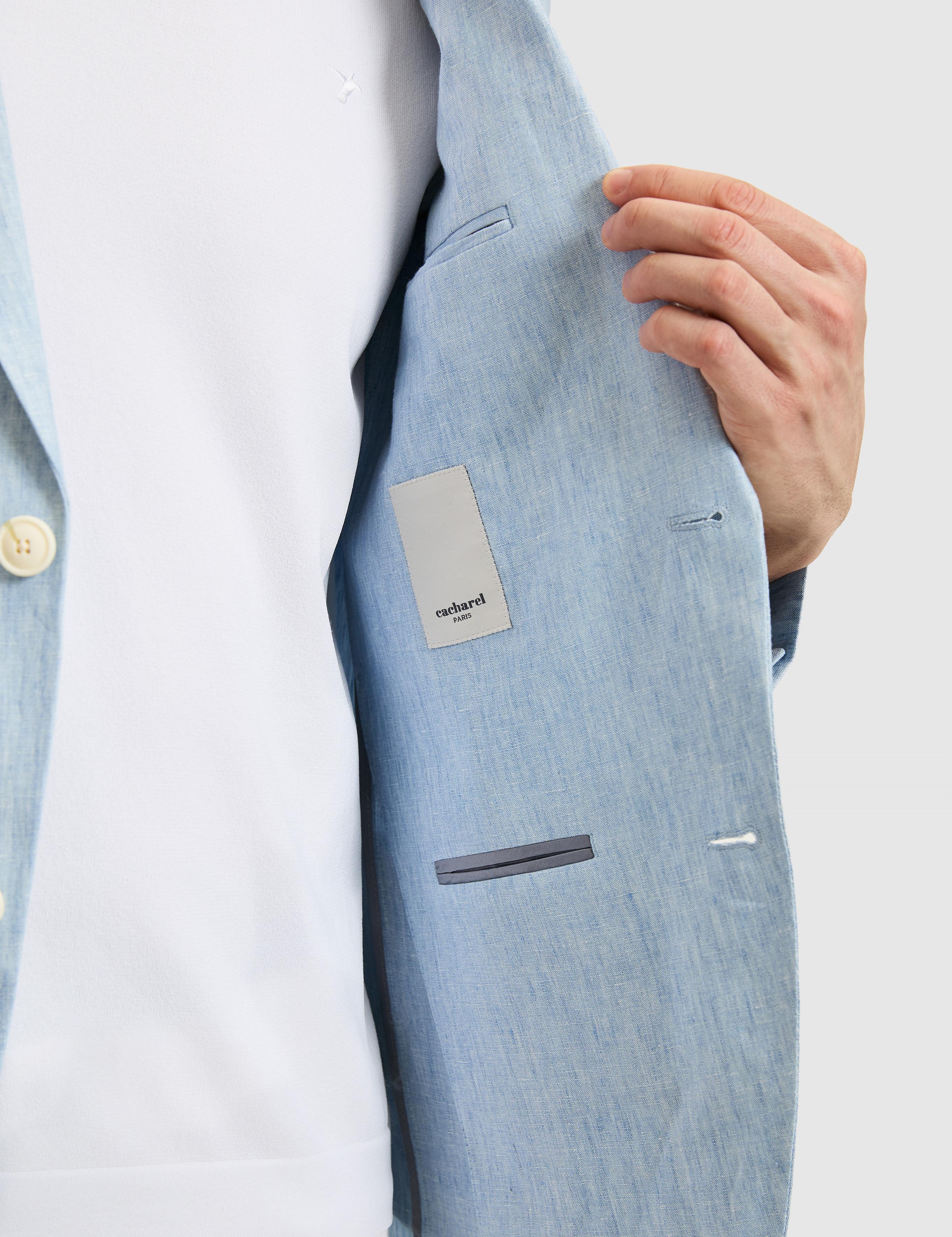 Açık Mavi Slim Fit %100 Keten Mikro Desen Mono Yaka Ceket - 50324476038