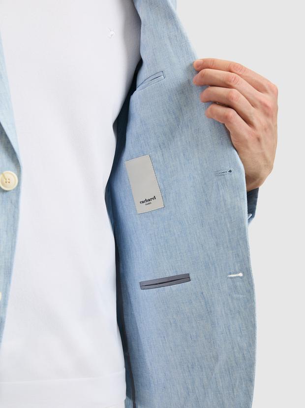 Açık Mavi Slim Fit %100 Keten Mikro Desen Mono Yaka Ceket