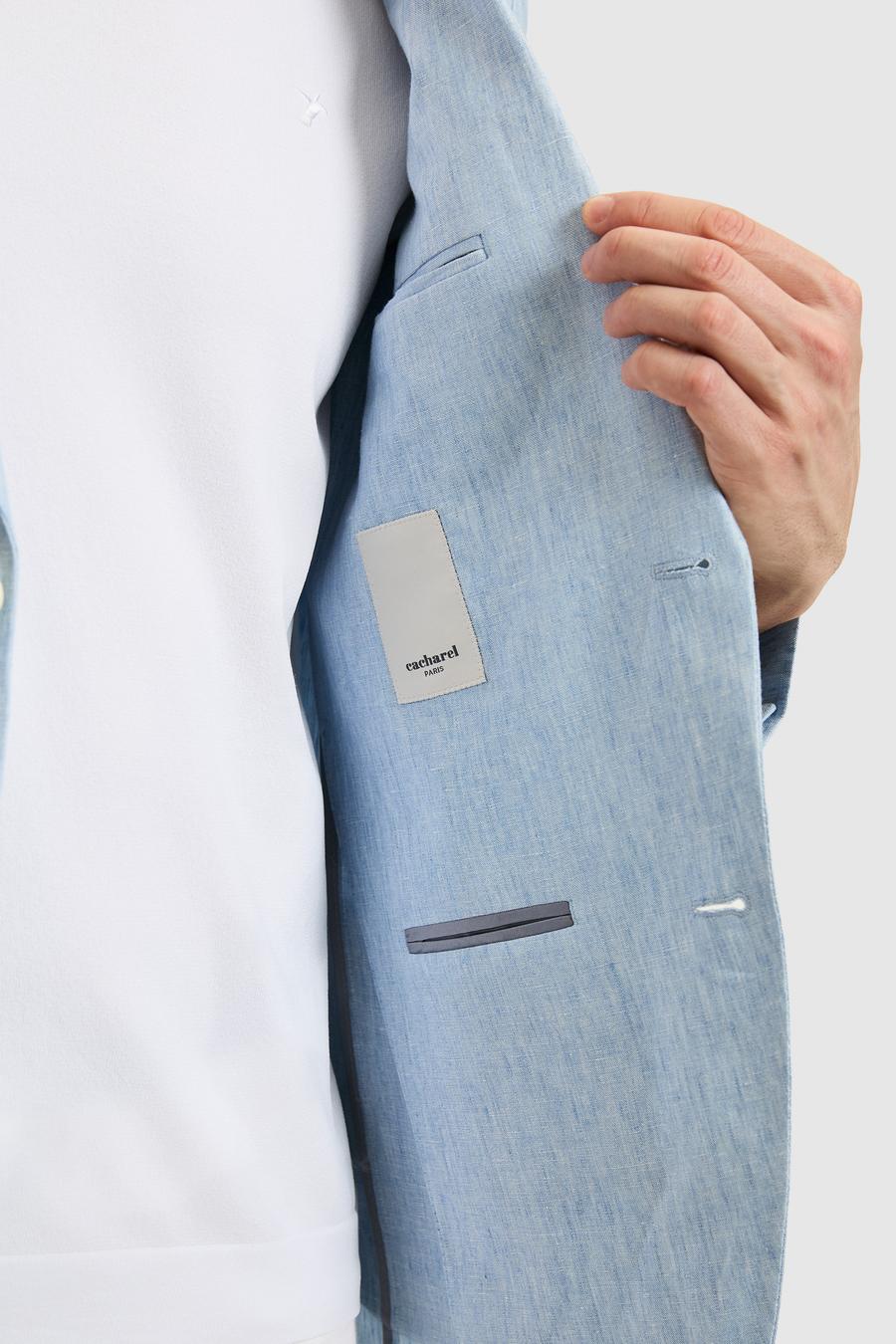 Açık Mavi Slim Fit %100 Keten Mikro Desen Mono Yaka Ceket - 50324476038