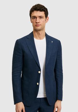 Lacivert Slim Fit %100 Keten Mikro Desen Mono Yaka Ceket