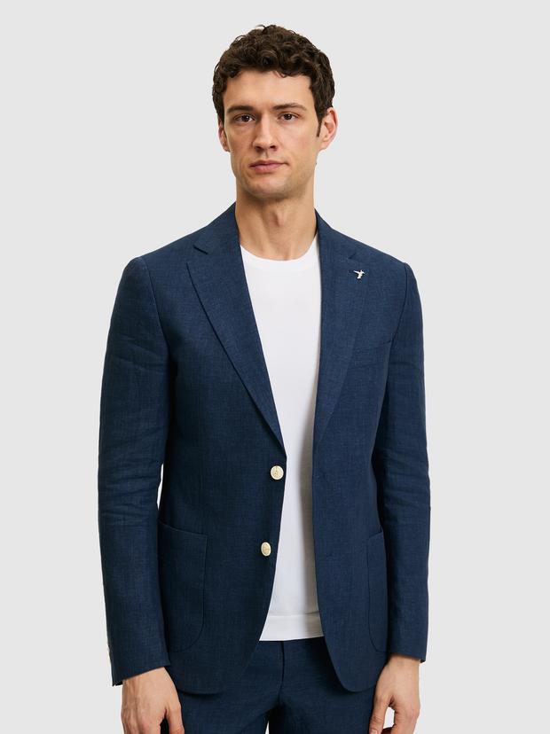 Lacivert Slim Fit %100 Keten Mikro Desen Mono Yaka Ceket