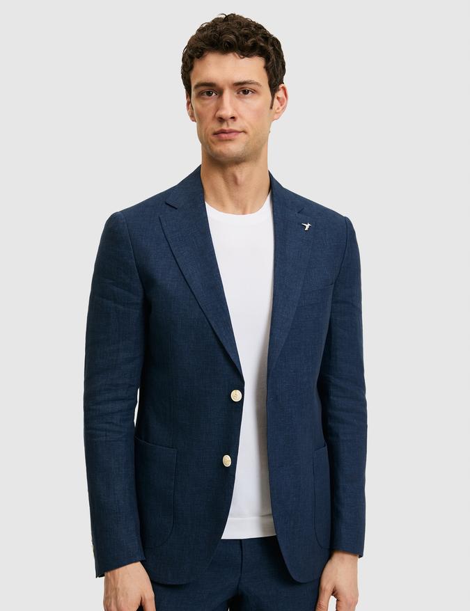 Lacivert Slim Fit %100 Keten Mikro Desen Mono Yaka Ceket