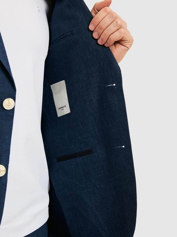 Lacivert Slim Fit %100 Keten Mikro Desen Mono Yaka Ceket