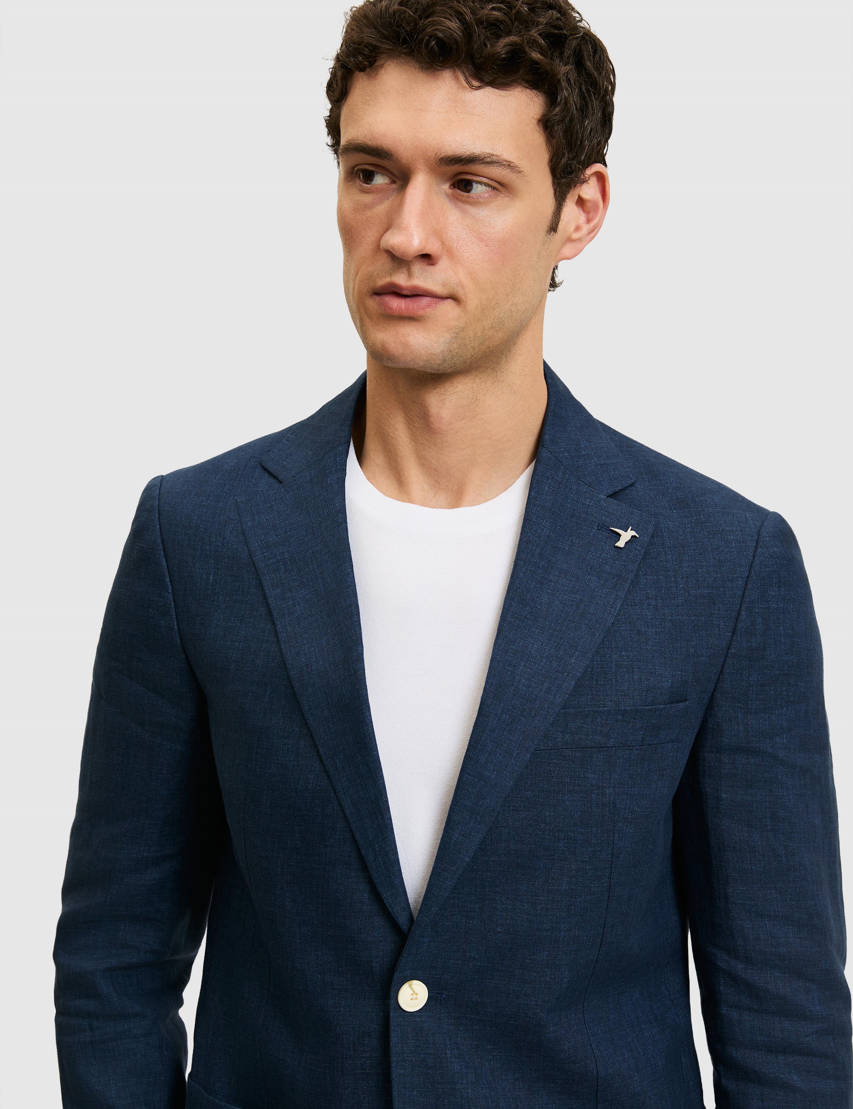 Lacivert Slim Fit %100 Keten Mikro Desen Mono Yaka Ceket - 50324476203