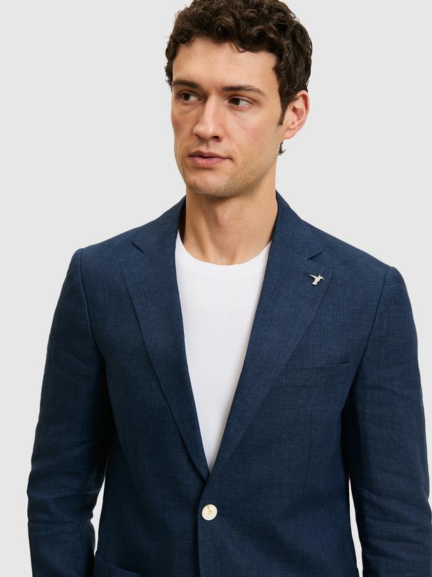 Lacivert Slim Fit %100 Keten Mikro Desen Mono Yaka Ceket
