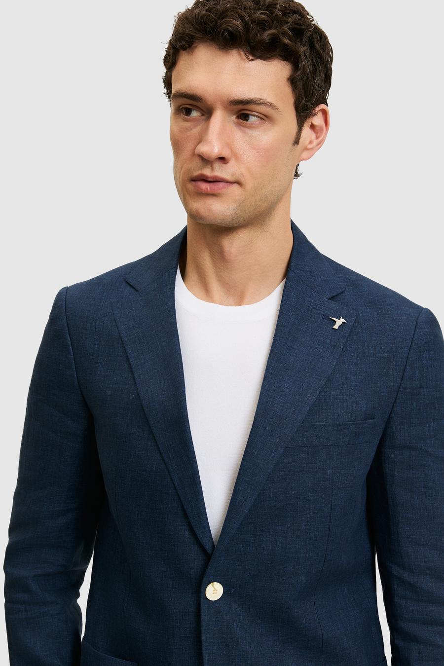 Lacivert Slim Fit %100 Keten Mikro Desen Mono Yaka Ceket - 50324476203