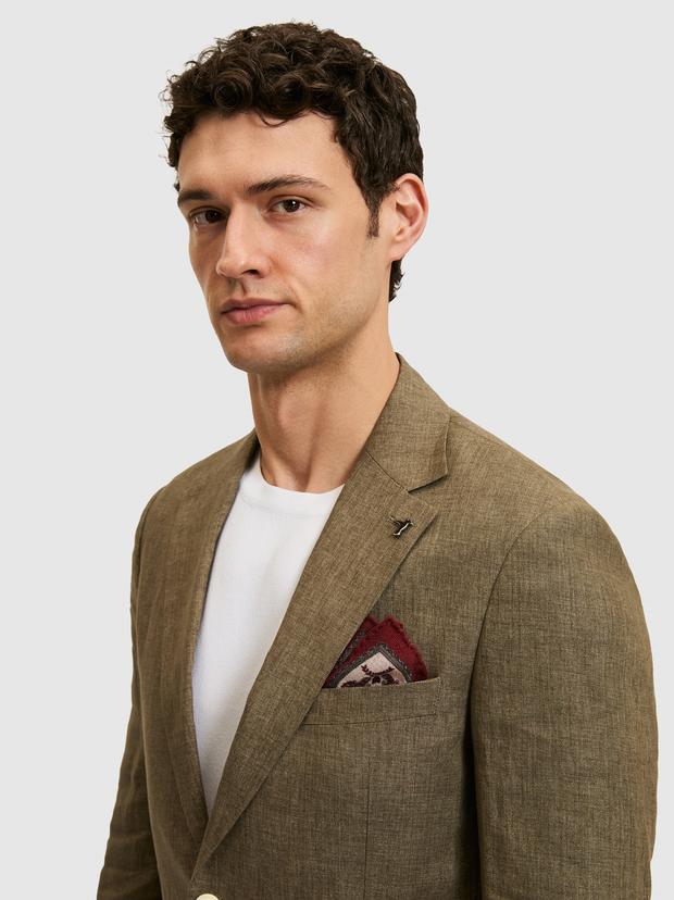 Haki Slim Fit %100 Keten Mikro Desen Mono Yaka Ceket