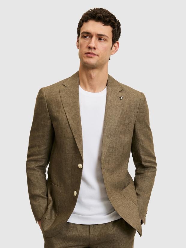 Haki Slim Fit %100 Keten Mikro Desen Mono Yaka Ceket