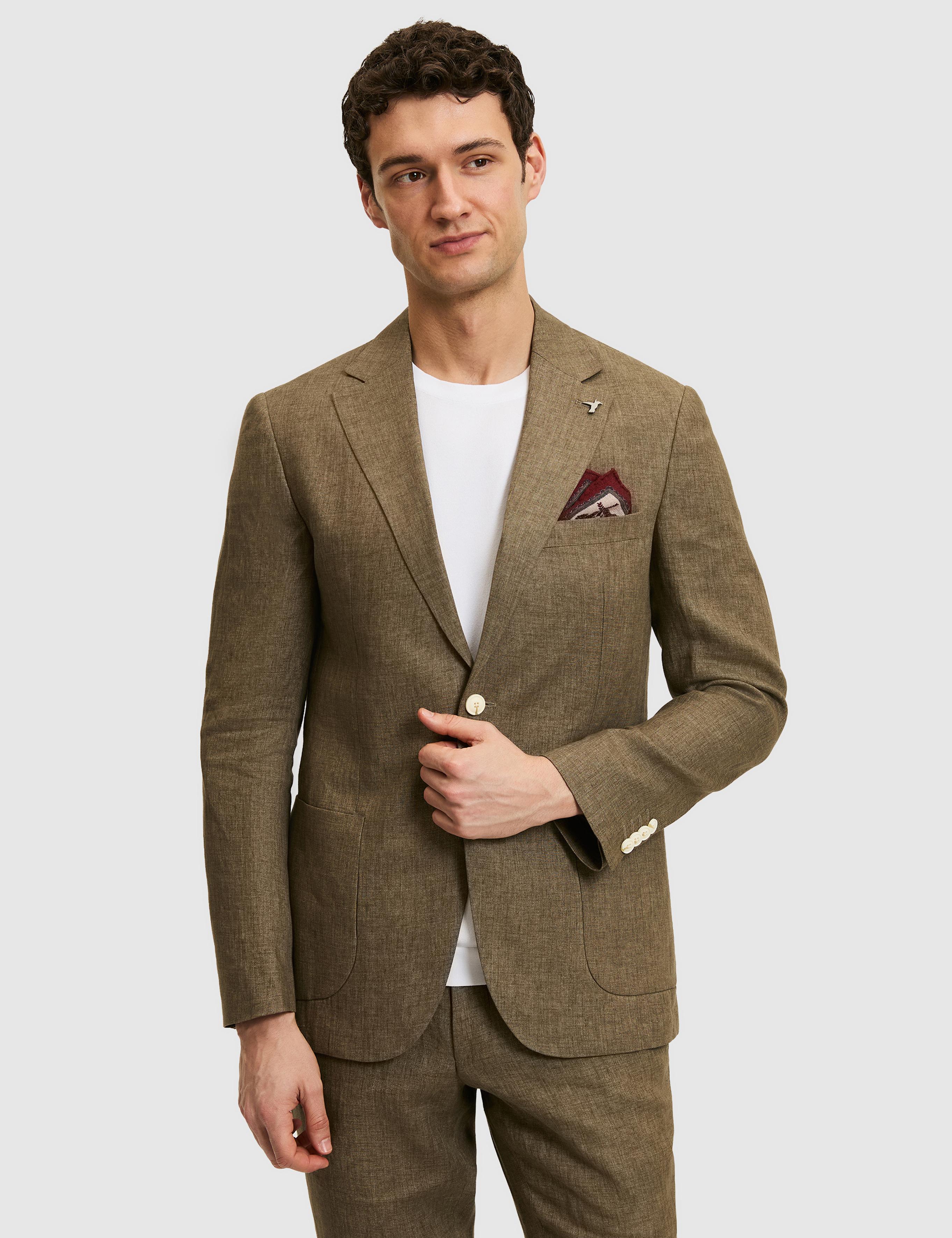 Haki Slim Fit %100 Keten Mikro Desen Mono Yaka Ceket - 50324476113