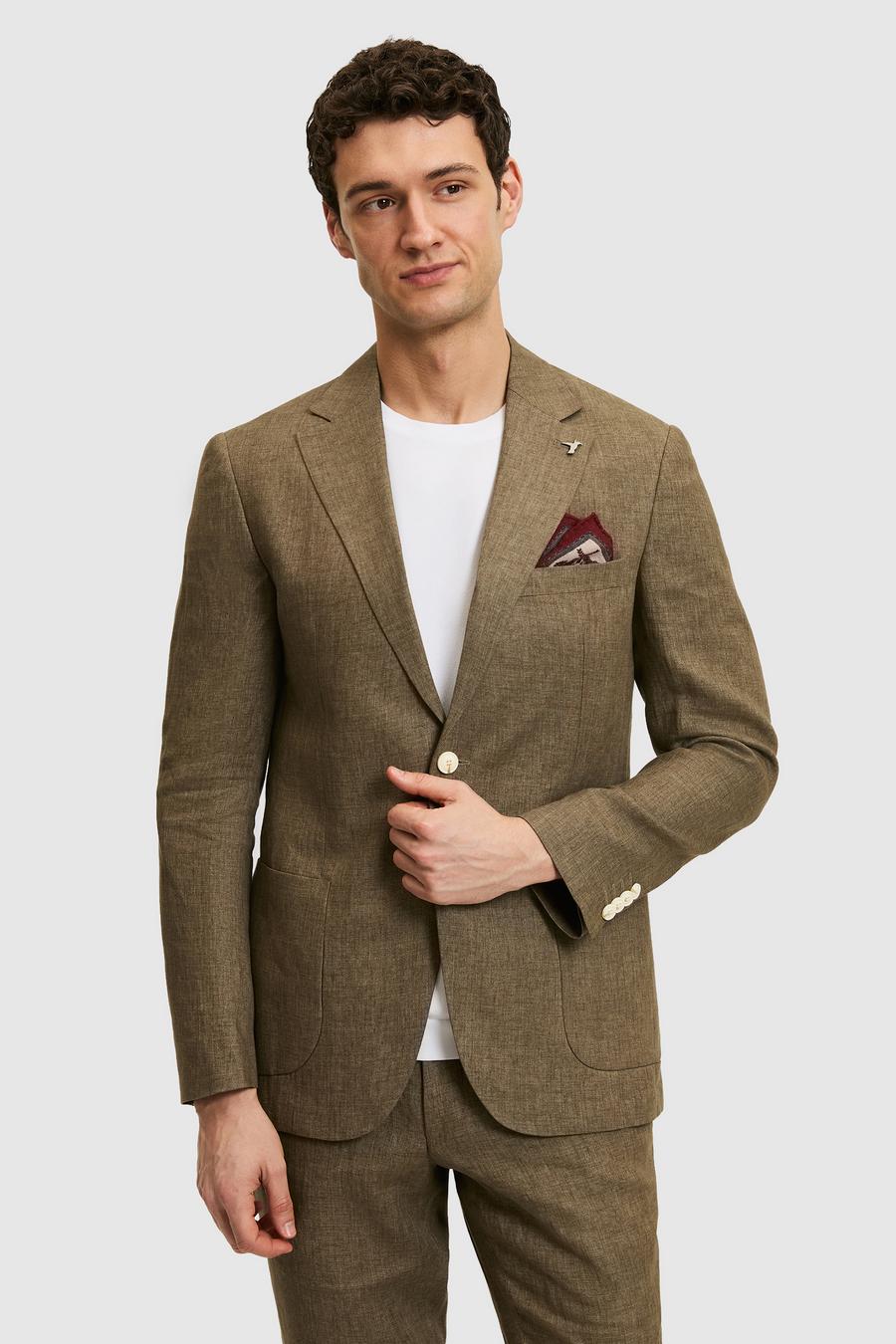 Haki Slim Fit %100 Keten Mikro Desen Mono Yaka Ceket - 50324476113