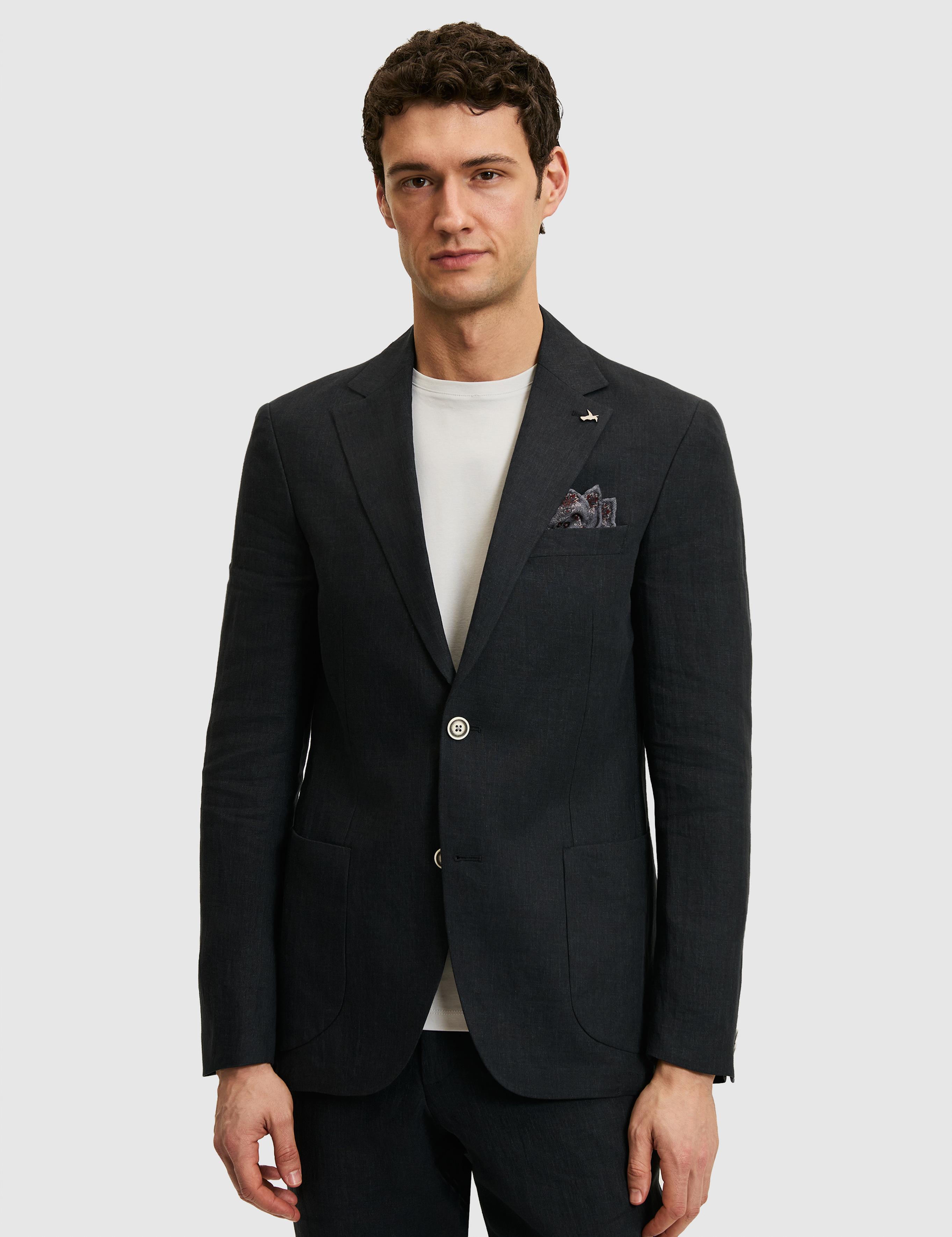 Siyah Slim Fit %100 Keten Mikro Desen Mono Yaka Ceket - 50324476272