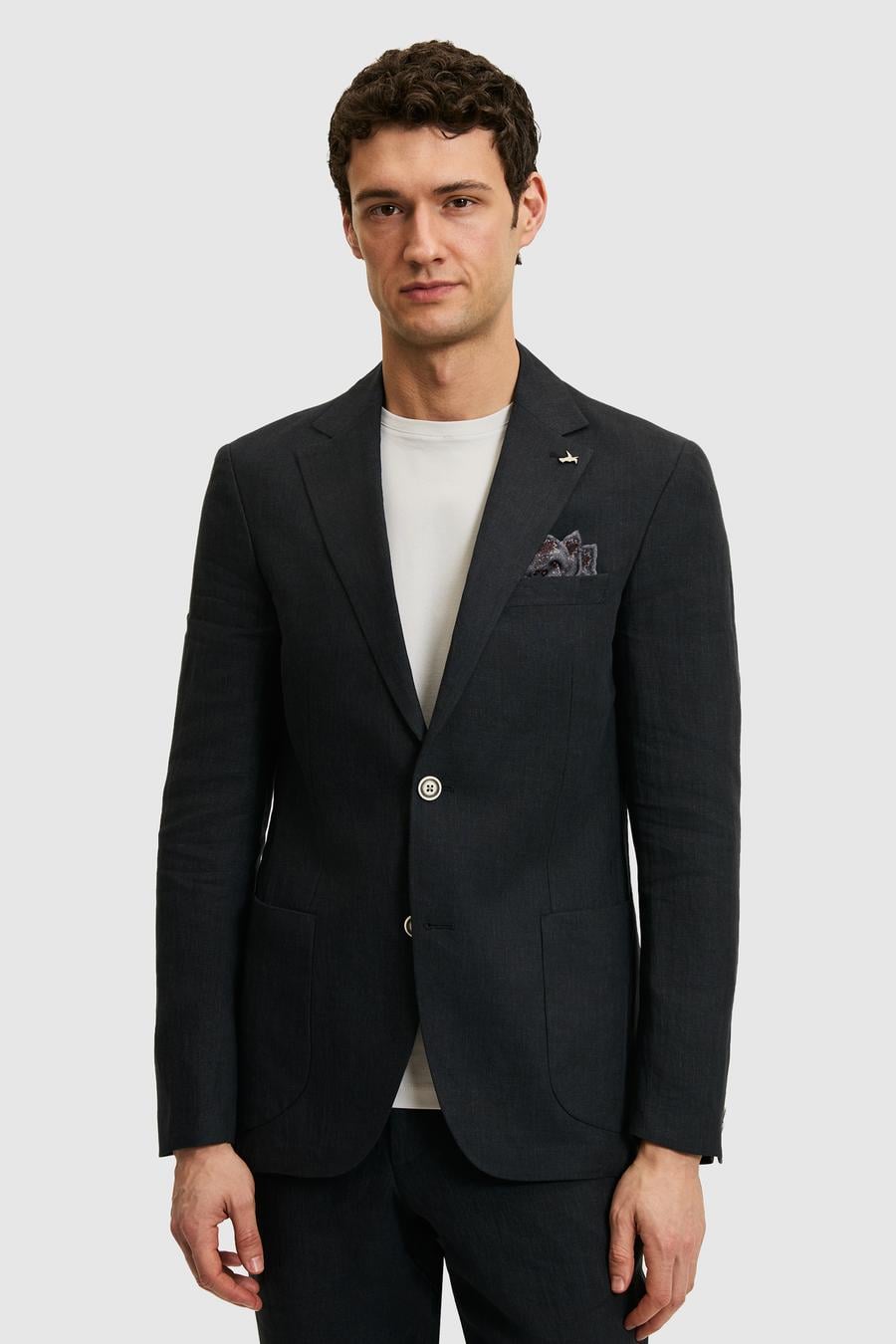 Siyah Slim Fit %100 Keten Mikro Desen Mono Yaka Ceket - 50324476272