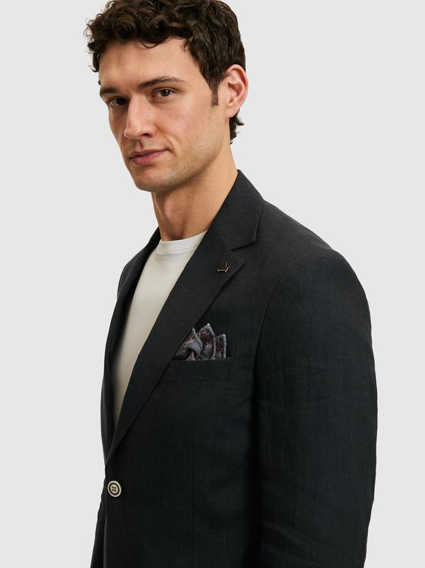 Siyah Slim Fit %100 Keten Mikro Desen Mono Yaka Ceket