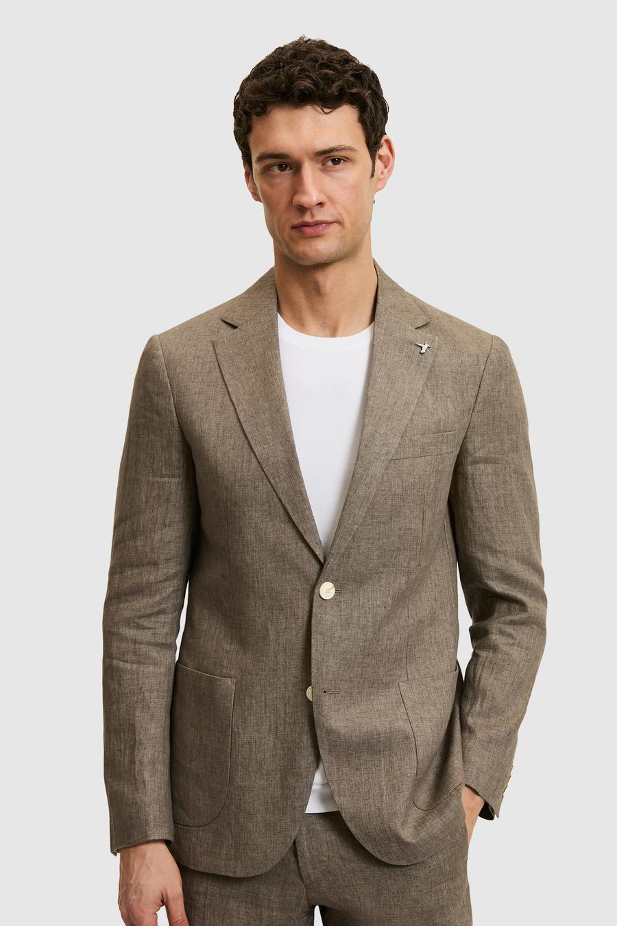 Kahverengi Slim Fit %100 Keten Mikro Desen Mono Yaka Ceket - 50324476335