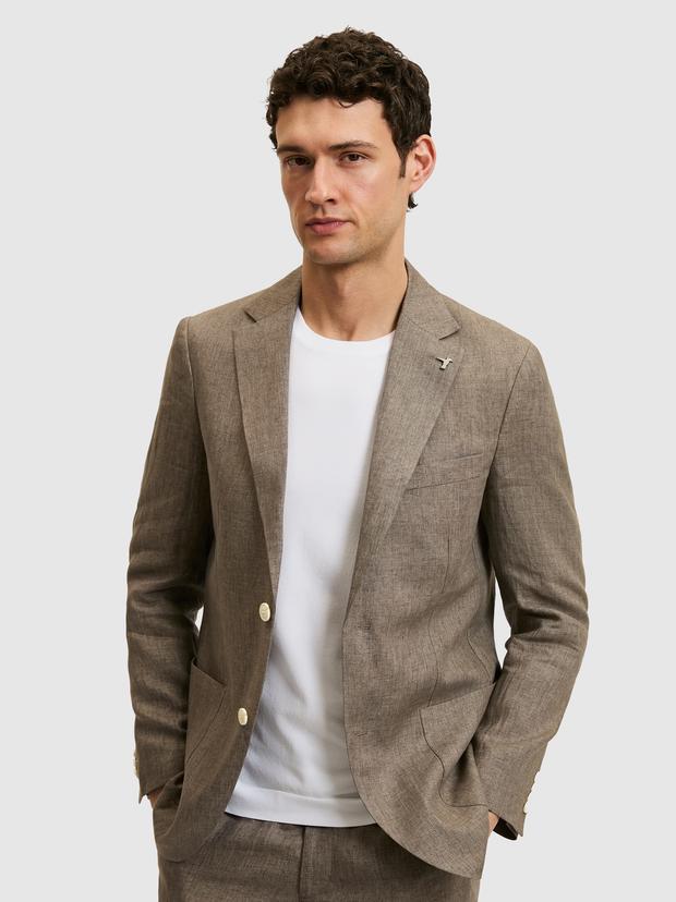 Kahverengi Slim Fit %100 Keten Mikro Desen Mono Yaka Ceket