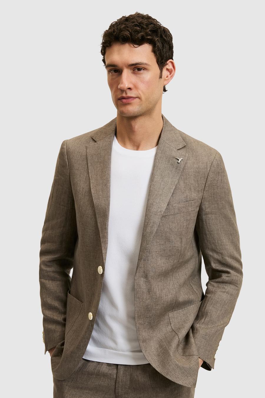 Kahverengi Slim Fit %100 Keten Mikro Desen Mono Yaka Ceket - 50324476335
