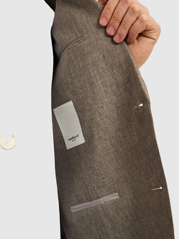 Kahverengi Slim Fit %100 Keten Mikro Desen Mono Yaka Ceket